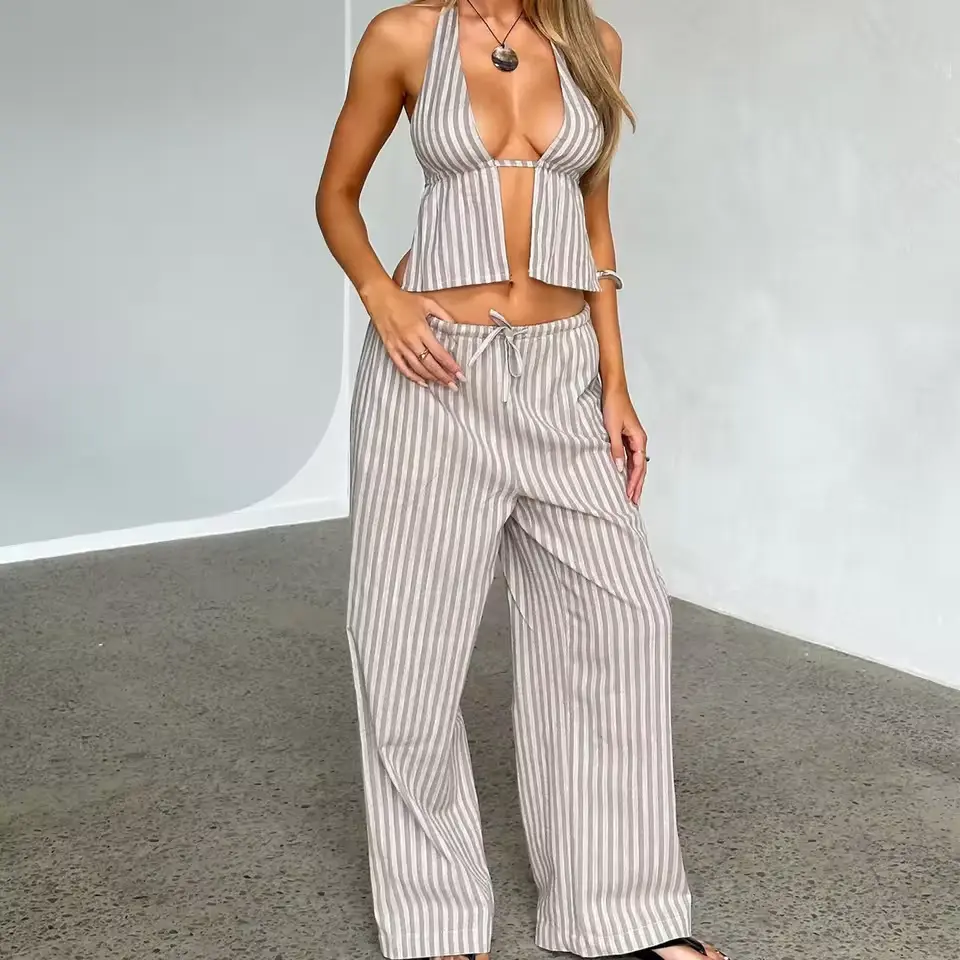 Imcute Women Sexy 2 Piece Outfits Stripe Tie Up Halter Neck Sleeveless Backless Cut Out Top and Loose Pants Set Clubwear
