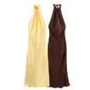 KONDALA Sexy Chic Yellow Women Dress Solid Halter Sleeveless Backless Lace-up Long Vestidos New Fashion 2025 Evening Club Dress