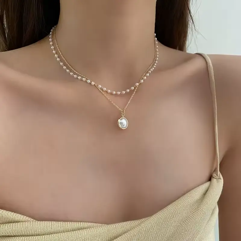 Gold Plated Pearl Necklace Adjustable Double Layer Dainty Chain Pendant Delicate Jewelry for Mother's Valentine Birthday Gift